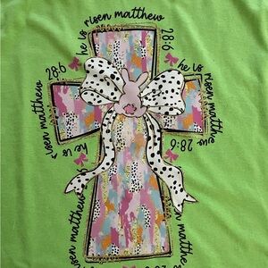 Gildan Kids Green Tee with Colorful Cross and Bunny Design